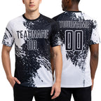 Custom Black White Abstract Brush Stroke Sports Sublimation Soccer Uniform Jersey worn front and back