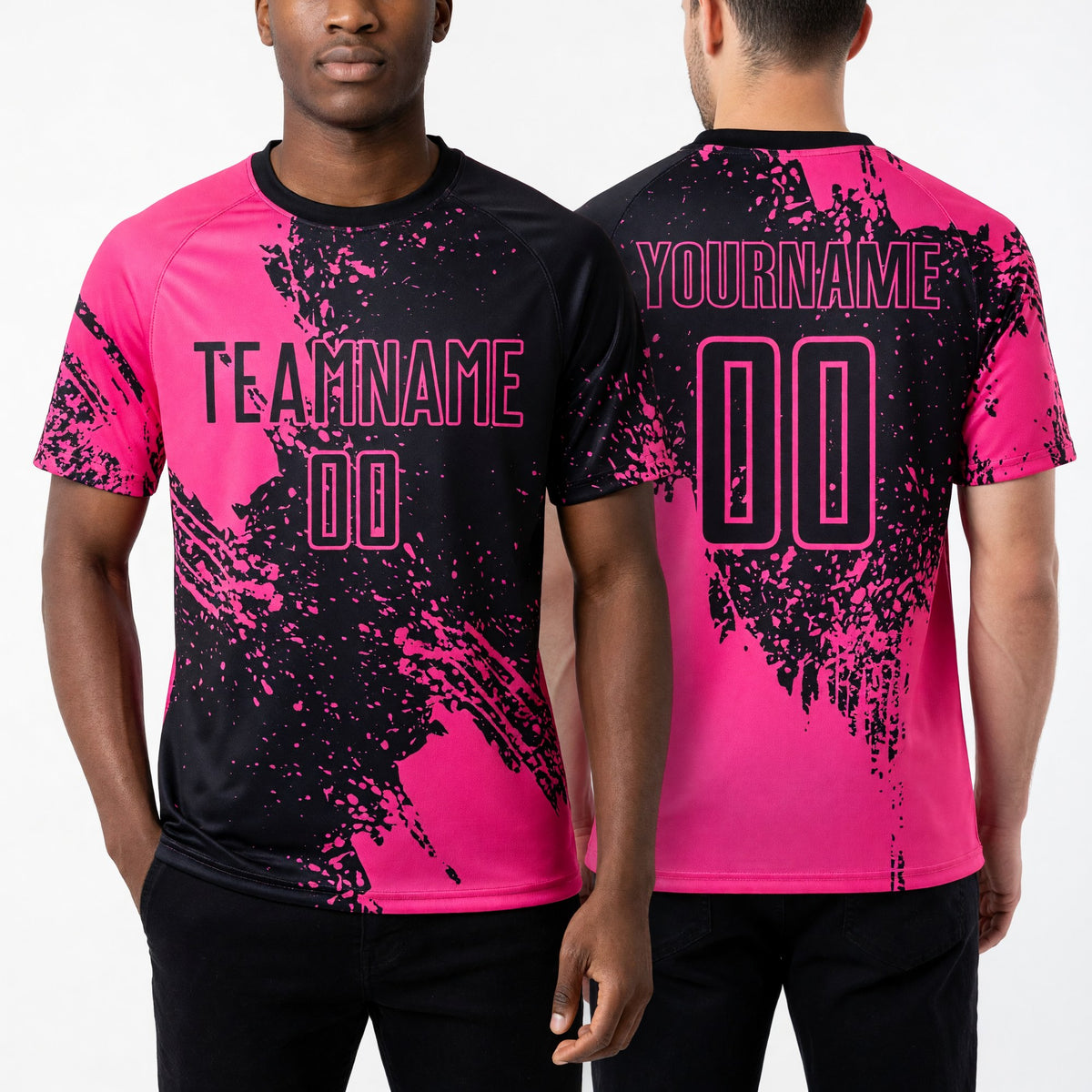 Custom Black Pink Abstract Brush Stroke Sports Sublimation Soccer Uniform Jersey worn front and back