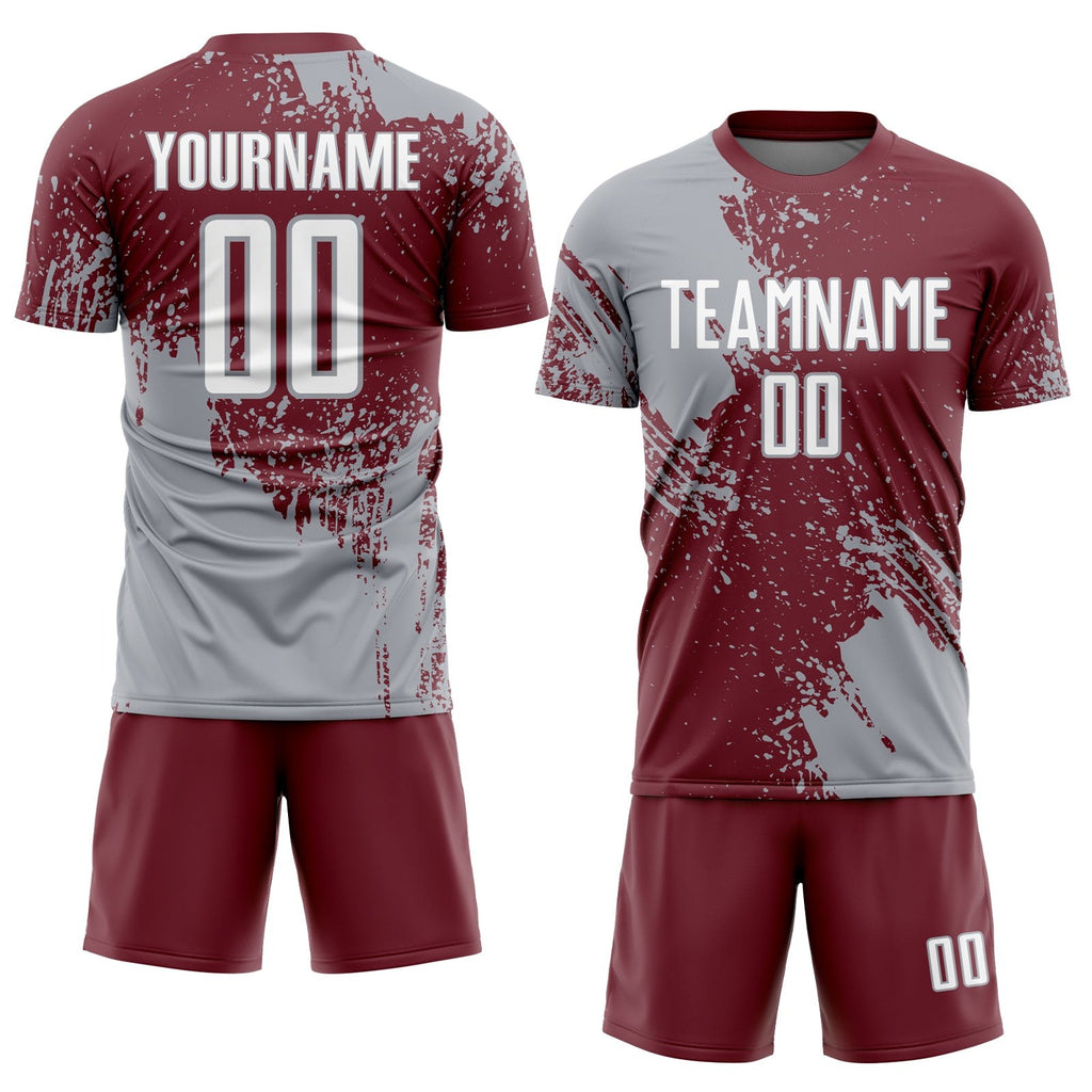 Custom Burgundy White-Gray Abstract Brush Stroke Sports Sublimation Soccer Uniform Jersey photo 2