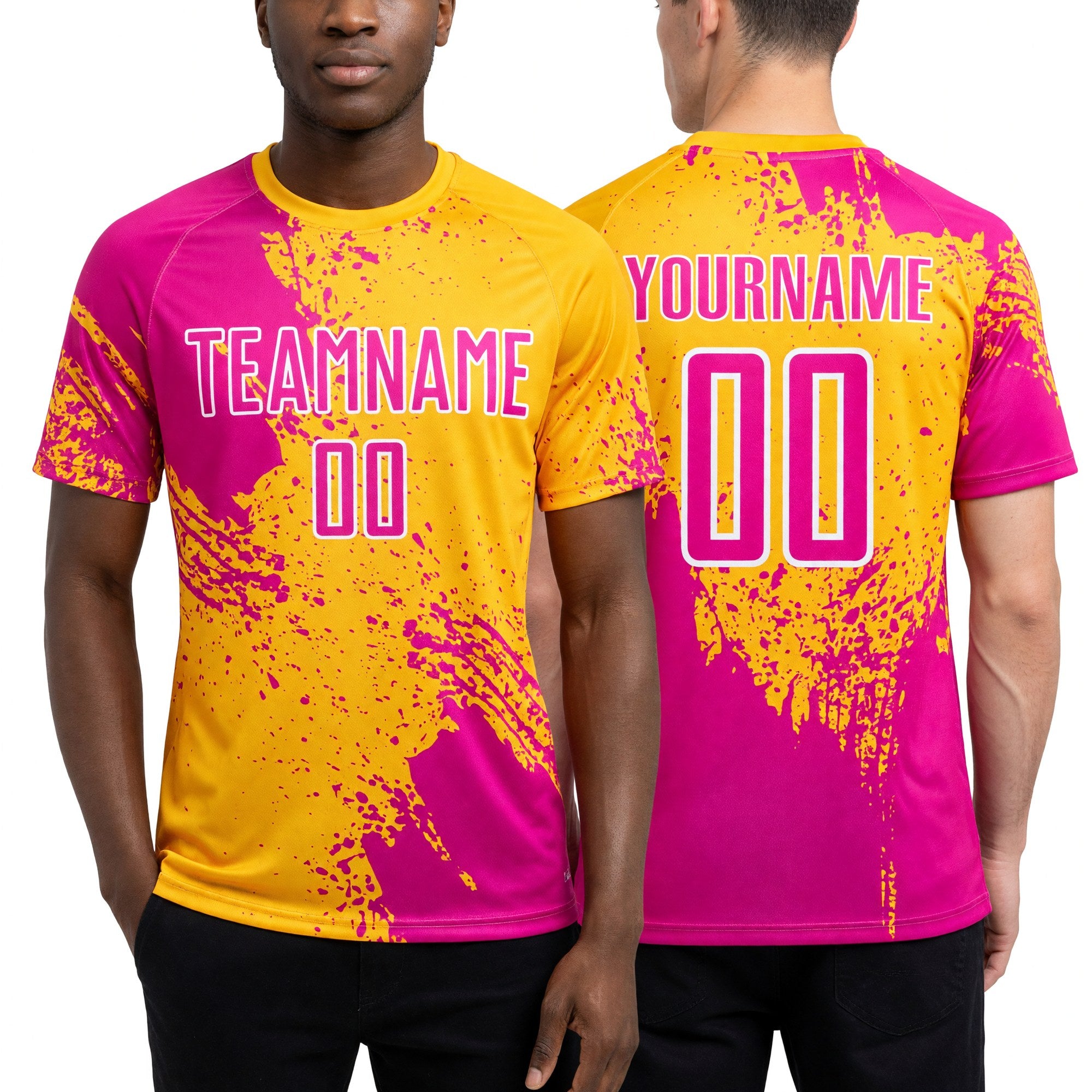 Custom Yellow Deep Pink-White Abstract Brush Stroke Sports Sublimation Soccer Uniform Jersey worn front and back