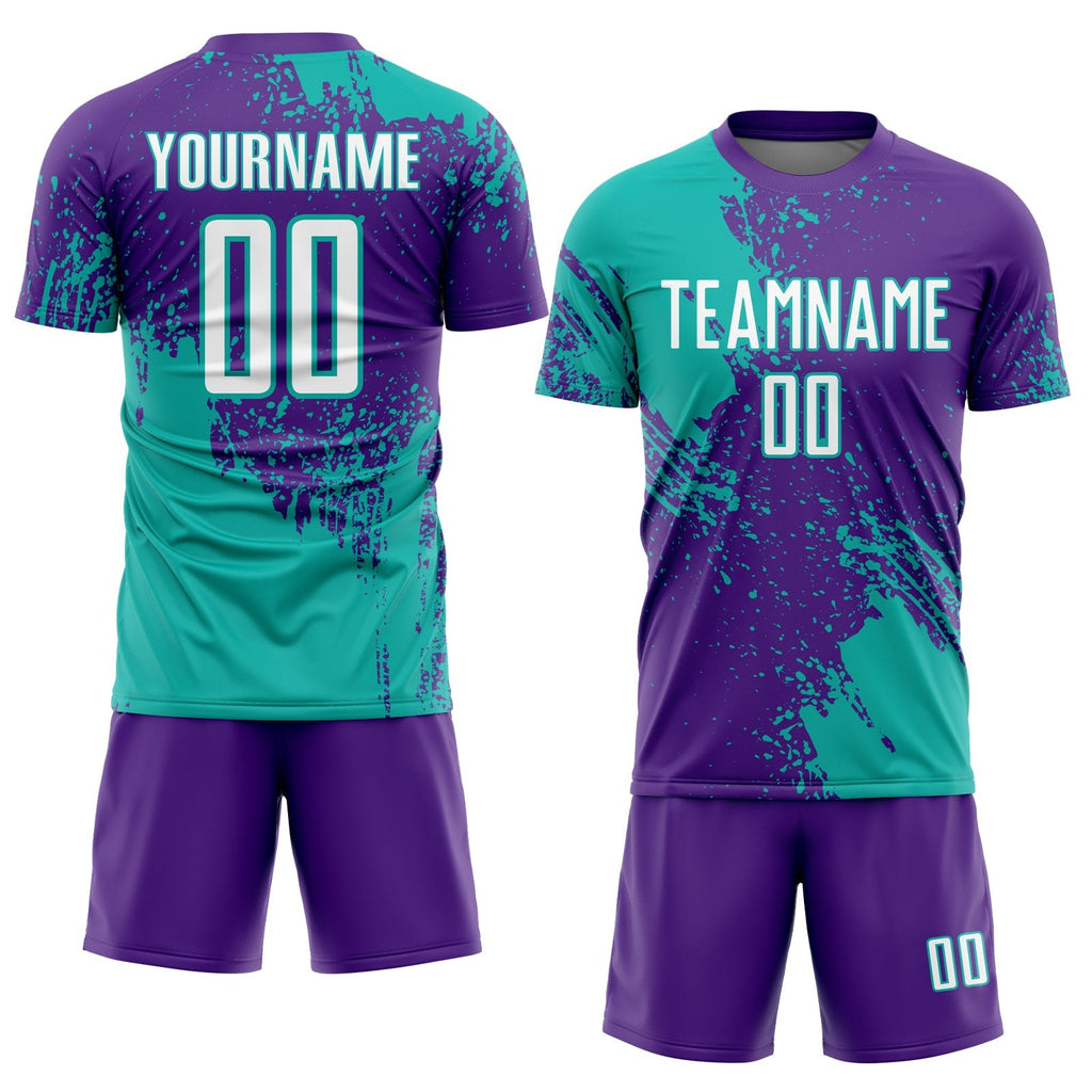 Custom Purple White-Aqua Abstract Brush Stroke Sports Sublimation Soccer Uniform Jersey photo 2