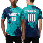 Custom Aqua White-Navy Abstract Brush Stroke Sports Sublimation Soccer Uniform Jersey worn front and back