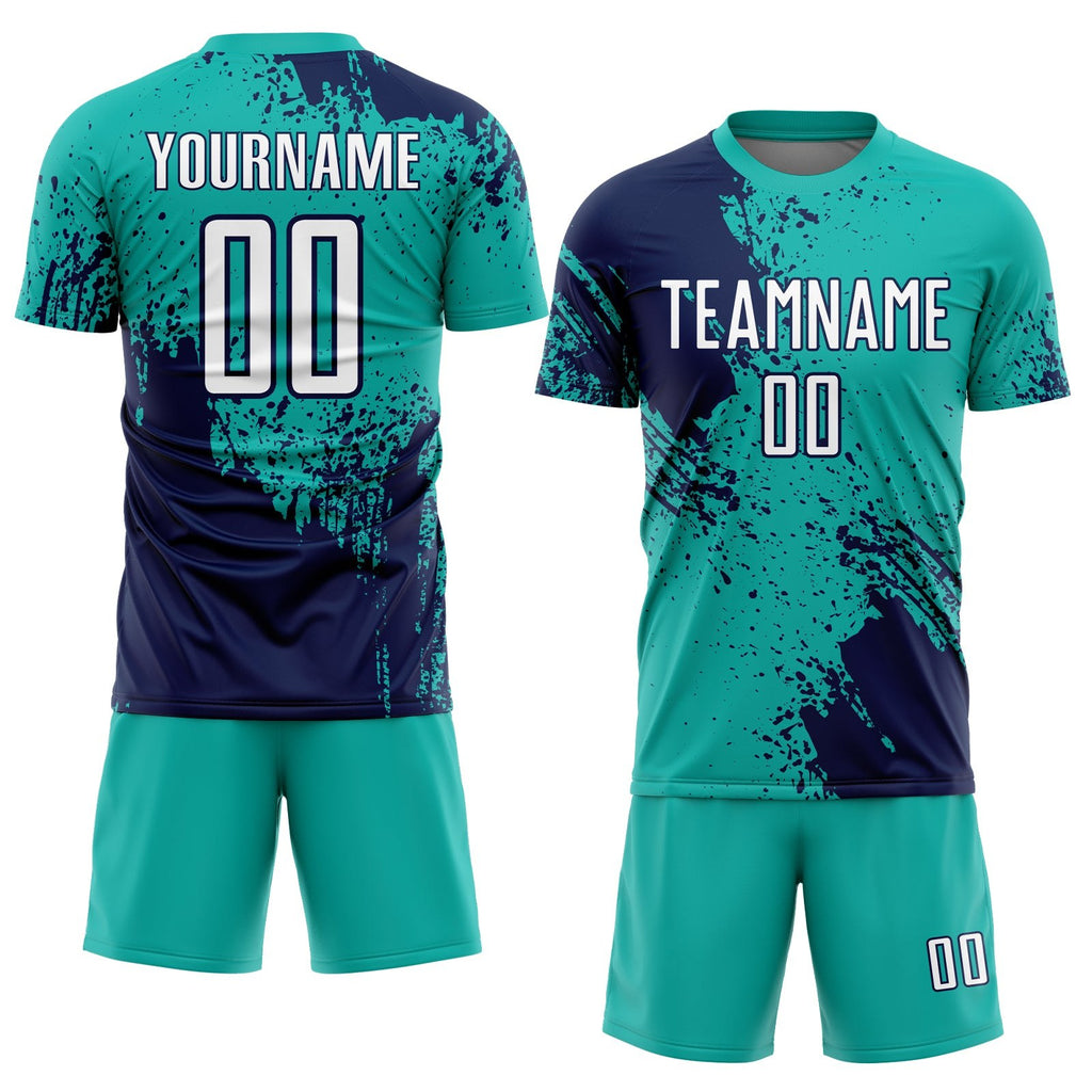 Custom Aqua White-Navy Abstract Brush Stroke Sports Sublimation Soccer Uniform Jersey photo 2