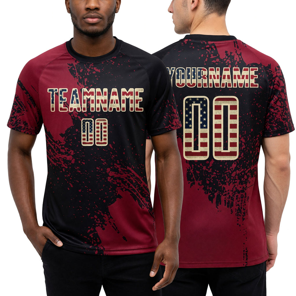 Custom Black Vintage USA Flag Crimson-Cream Abstract Brush Stroke Sports Sublimation Soccer Uniform Jersey worn front and back