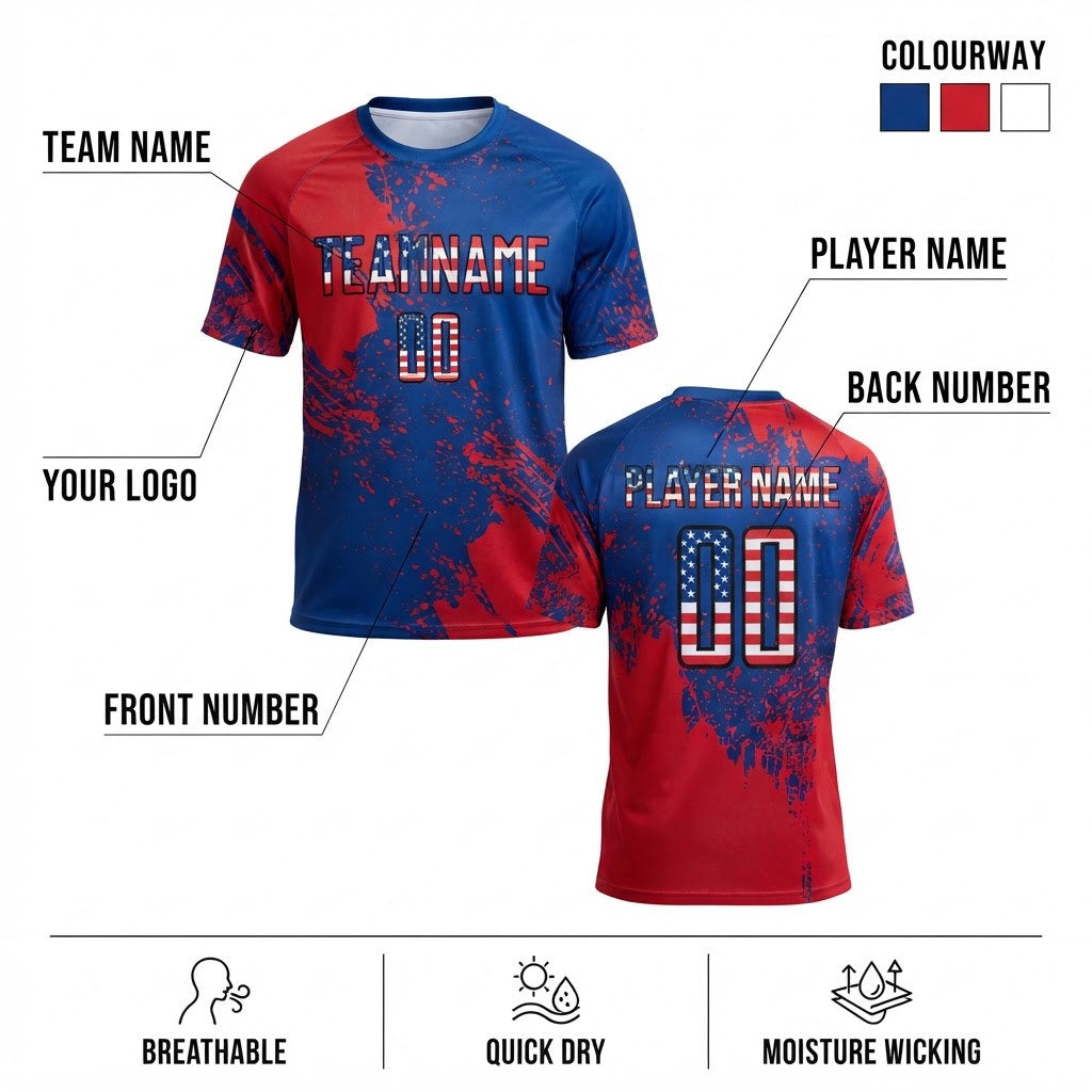 Custom Royal USA Flag Abstract Brush Stroke Sublimated Soccer Jersey with Red and Black Lettering customization guide