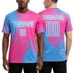 Custom Pink Light Blue-White Abstract Brush Stroke Sports Sublimation Soccer Uniform Jersey worn front and back