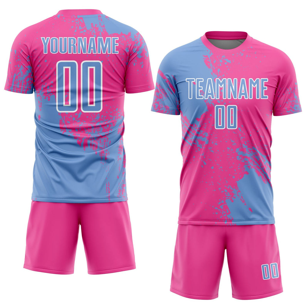 Custom Pink Light Blue-White Abstract Brush Stroke Sports Sublimation Soccer Uniform Jersey photo 2
