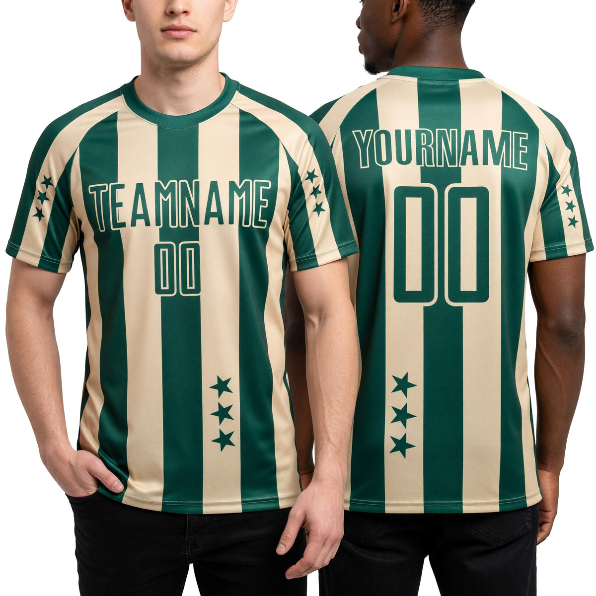 Custom Green Cream Stars And Stripes Sports Sublimation Soccer Uniform Jersey worn front and back
