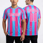 Custom Light Blue Pink-White Stars And Stripes Sports Sublimation Soccer Uniform Jersey worn front and back