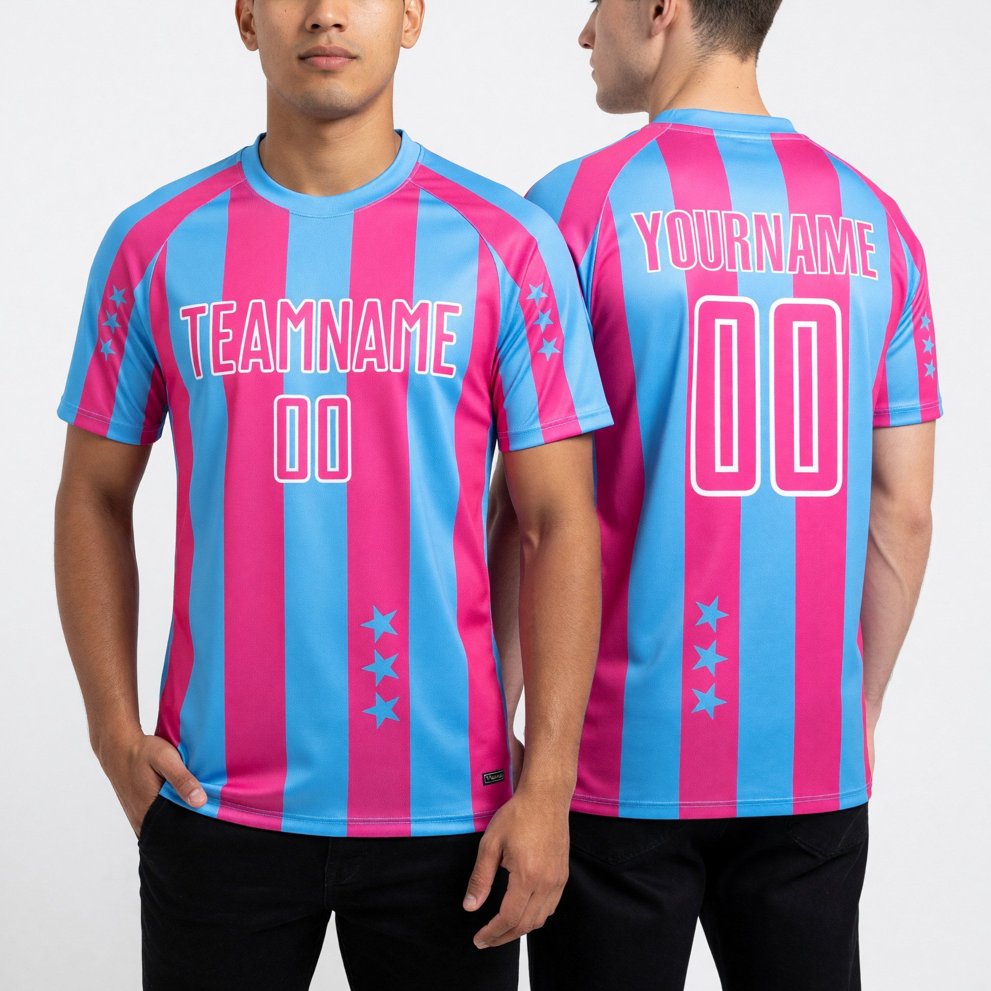Custom Light Blue Pink-White Stars And Stripes Sports Sublimation Soccer Uniform Jersey worn front and back