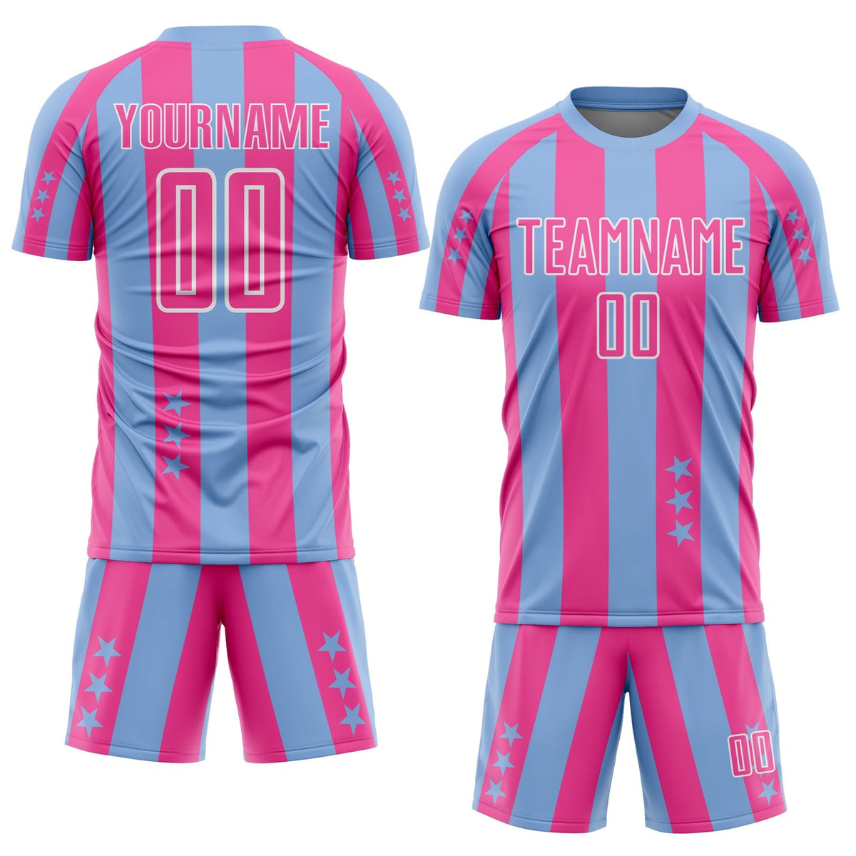 Custom Light Blue Pink-White Stars And Stripes Sports Sublimation Soccer Uniform Jersey photo 2
