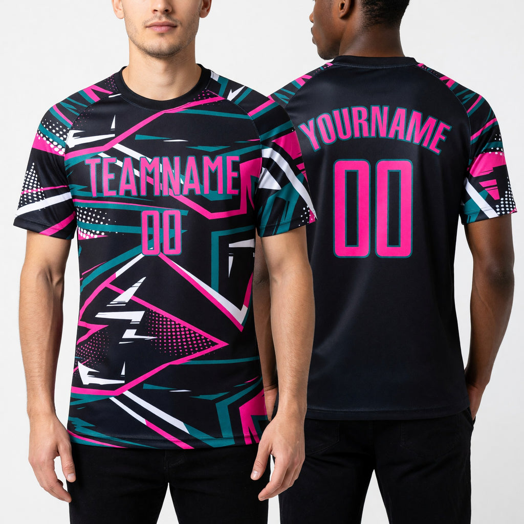 Custom Black Pink Teal-White Abstract Geometric Stripes Sports Sublimation Soccer Uniform Jersey worn front and back