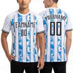 Custom White Black-Light Blue Camo Stripe Sports Sublimation Soccer Uniform Jersey worn front and back