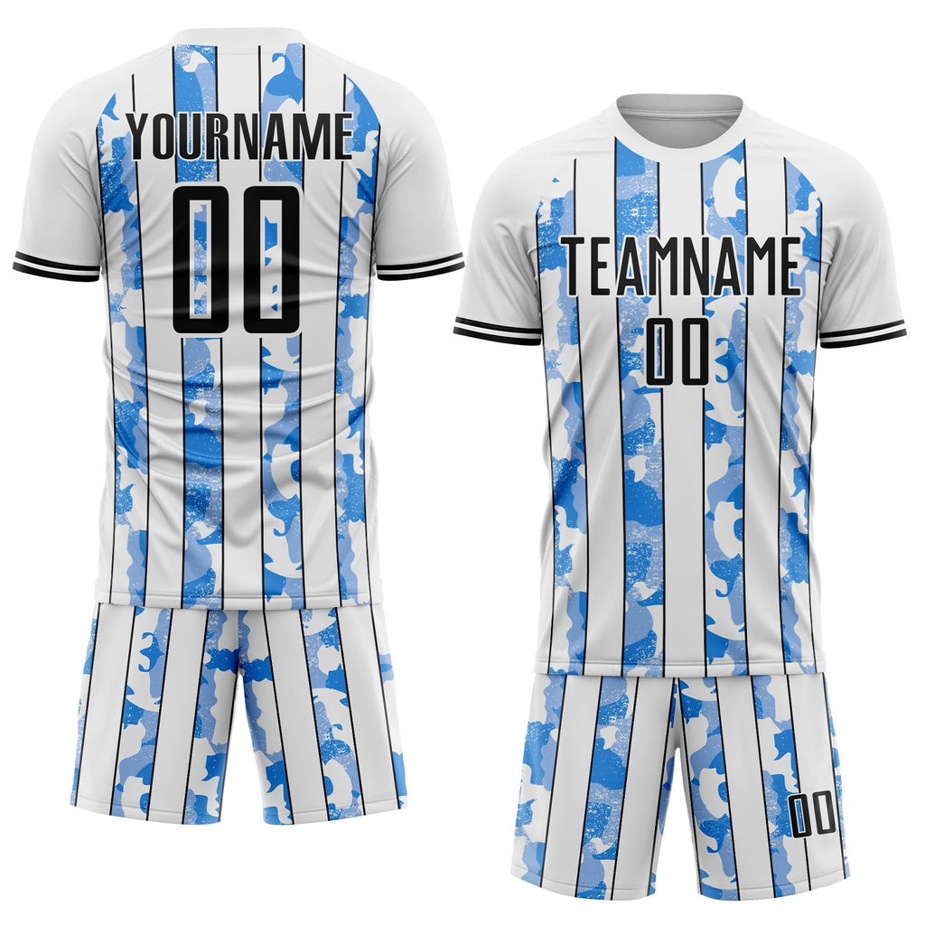 Custom White Black-Light Blue Camo Stripe Sports Sublimation Soccer Uniform Jersey photo 2