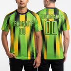 Custom Neon Green Black-Yellow Diagonal Stripe Sports Sublimation Soccer Uniform Jersey worn front and back