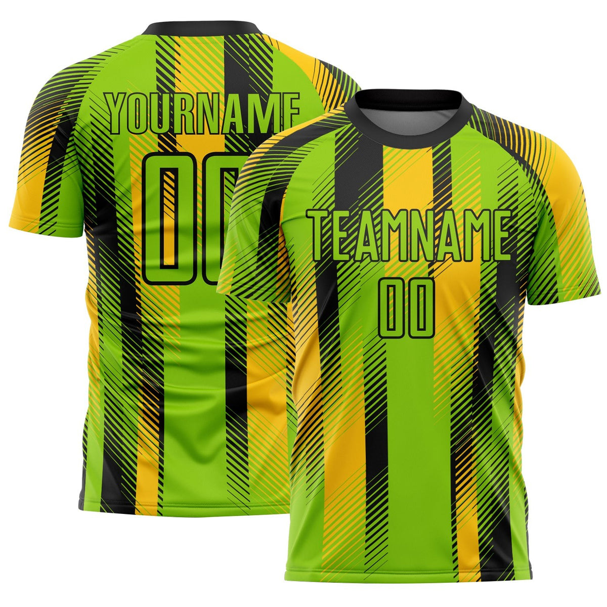 Custom Neon Green Black-Yellow Diagonal Stripe Sports Sublimation Soccer Uniform Jersey