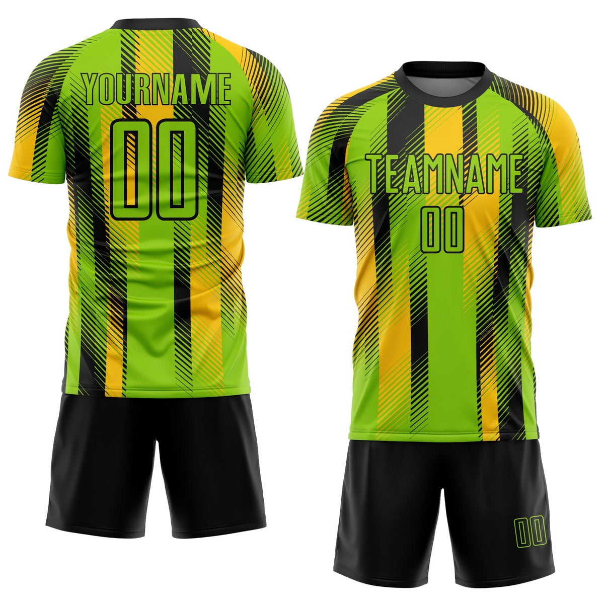 Custom Neon Green Black-Yellow Diagonal Stripe Sports Sublimation Soccer Uniform Jersey photo 2