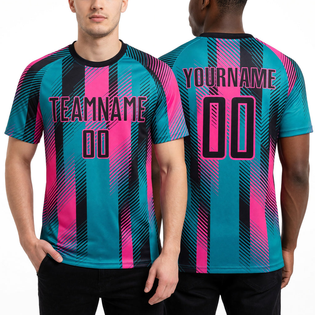 Custom Teal Black-Pink Diagonal Stripe Sports Sublimation Soccer Uniform Jersey worn front and back