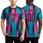 Custom Teal Black-Pink Diagonal Stripe Sports Sublimation Soccer Uniform Jersey worn front and back