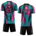 Custom Teal Black-Pink Diagonal Stripe Sports Sublimation Soccer Uniform Jersey photo 2