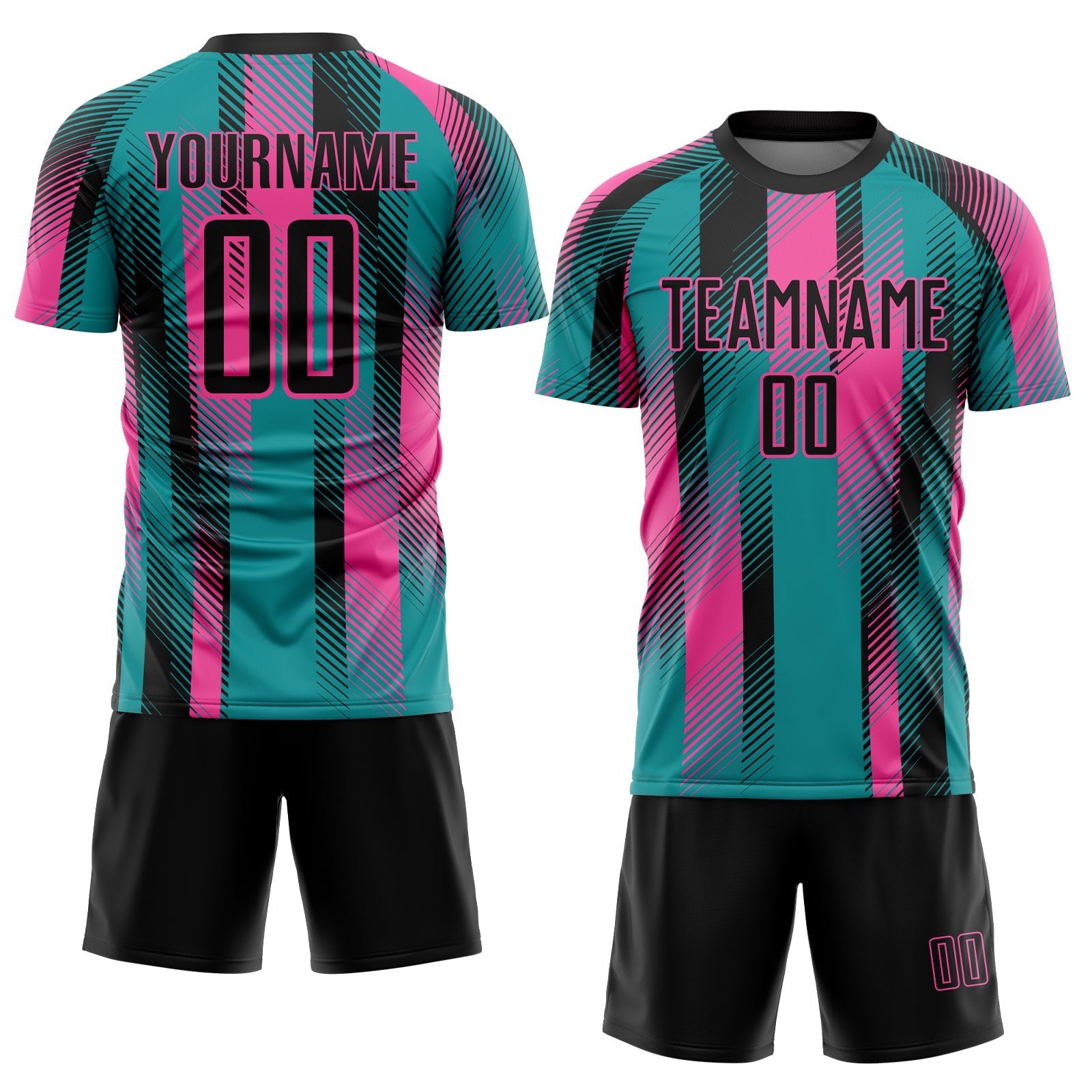 Custom Teal Black-Pink Diagonal Stripe Sports Sublimation Soccer Uniform Jersey photo 2