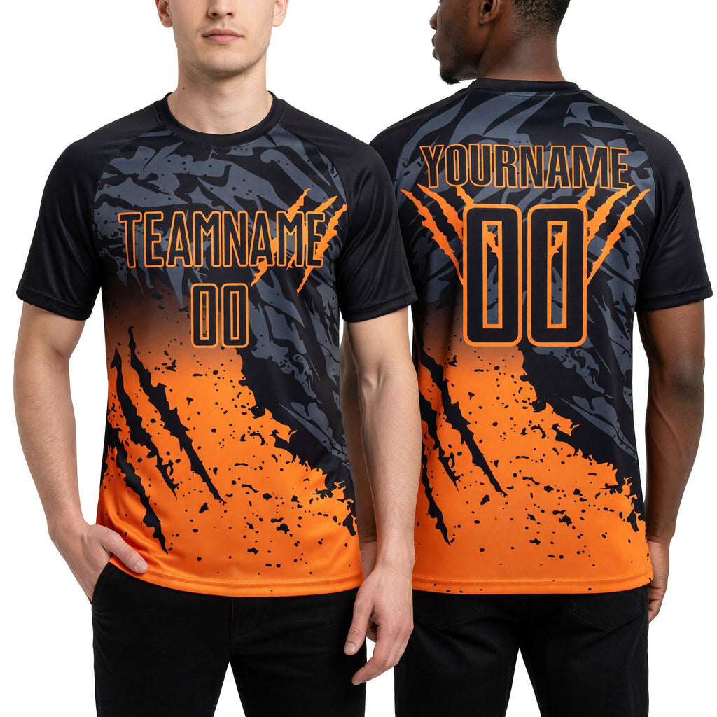Custom Black Bay Orange Gradient Claw Mark Splatter Sports Sublimation Soccer Uniform Jersey worn front and back