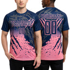 Custom Navy Medium Pink Gradient Claw Mark Splatter Sports Sublimation Soccer Uniform Jersey worn front and back