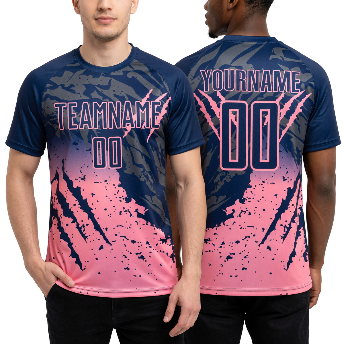 Custom Navy Medium Pink Gradient Claw Mark Splatter Sports Sublimation Soccer Uniform Jersey worn front and back