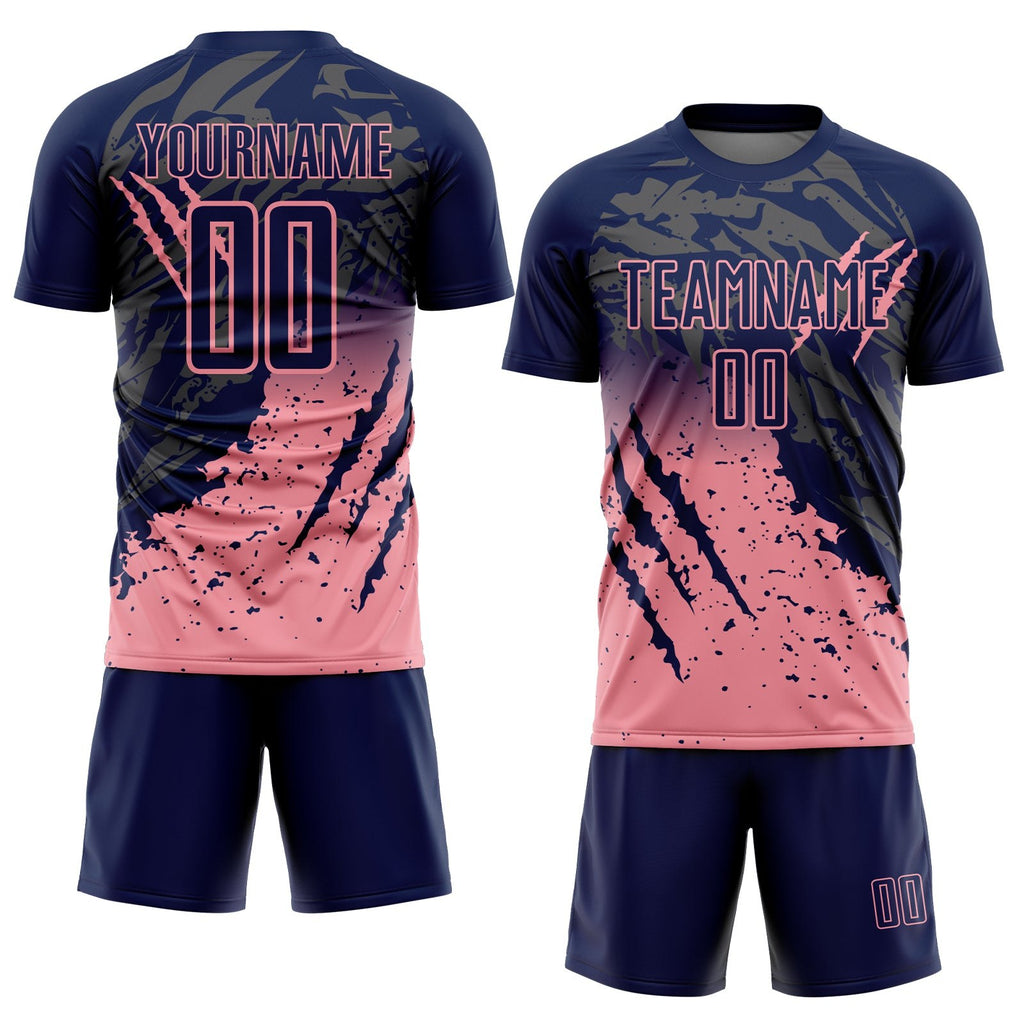 Custom Navy Medium Pink Gradient Claw Mark Splatter Sports Sublimation Soccer Uniform Jersey photo 2