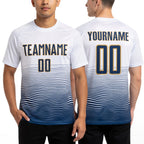 Custom White Navy-Old Gold Gradient Wave Line Sports Sublimation Soccer Uniform Jersey worn front and back