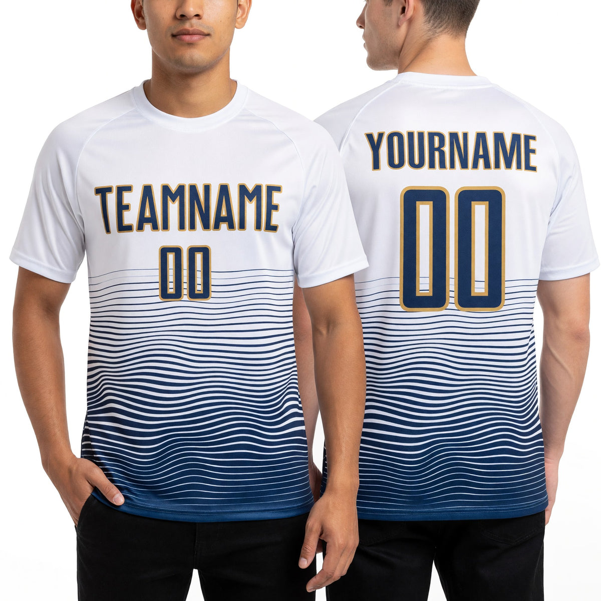 Custom White Navy-Old Gold Gradient Wave Line Sports Sublimation Soccer Uniform Jersey worn front and back