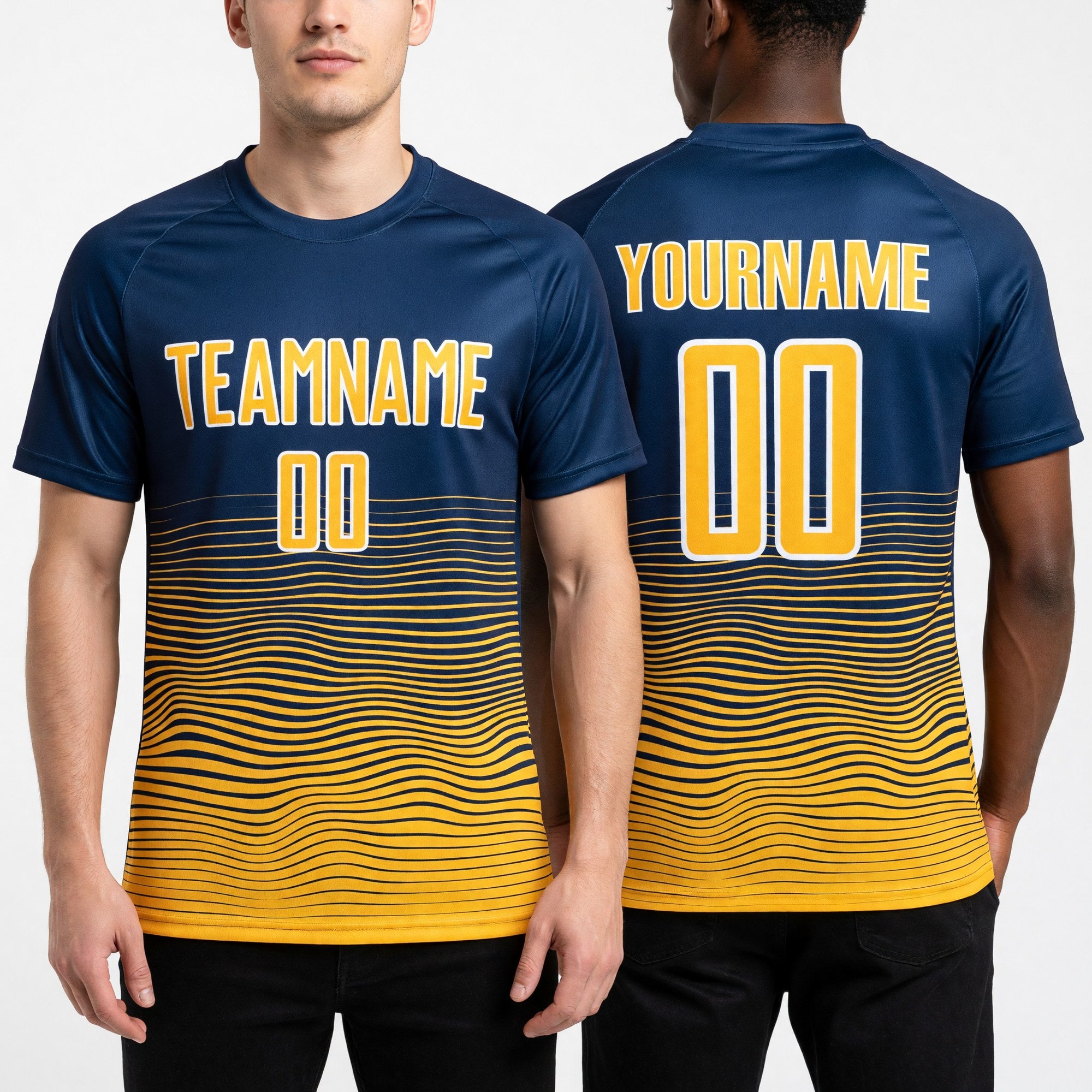 Custom Navy Gold-White Gradient Wave Line Sports Sublimation Soccer Uniform Jersey worn front and back