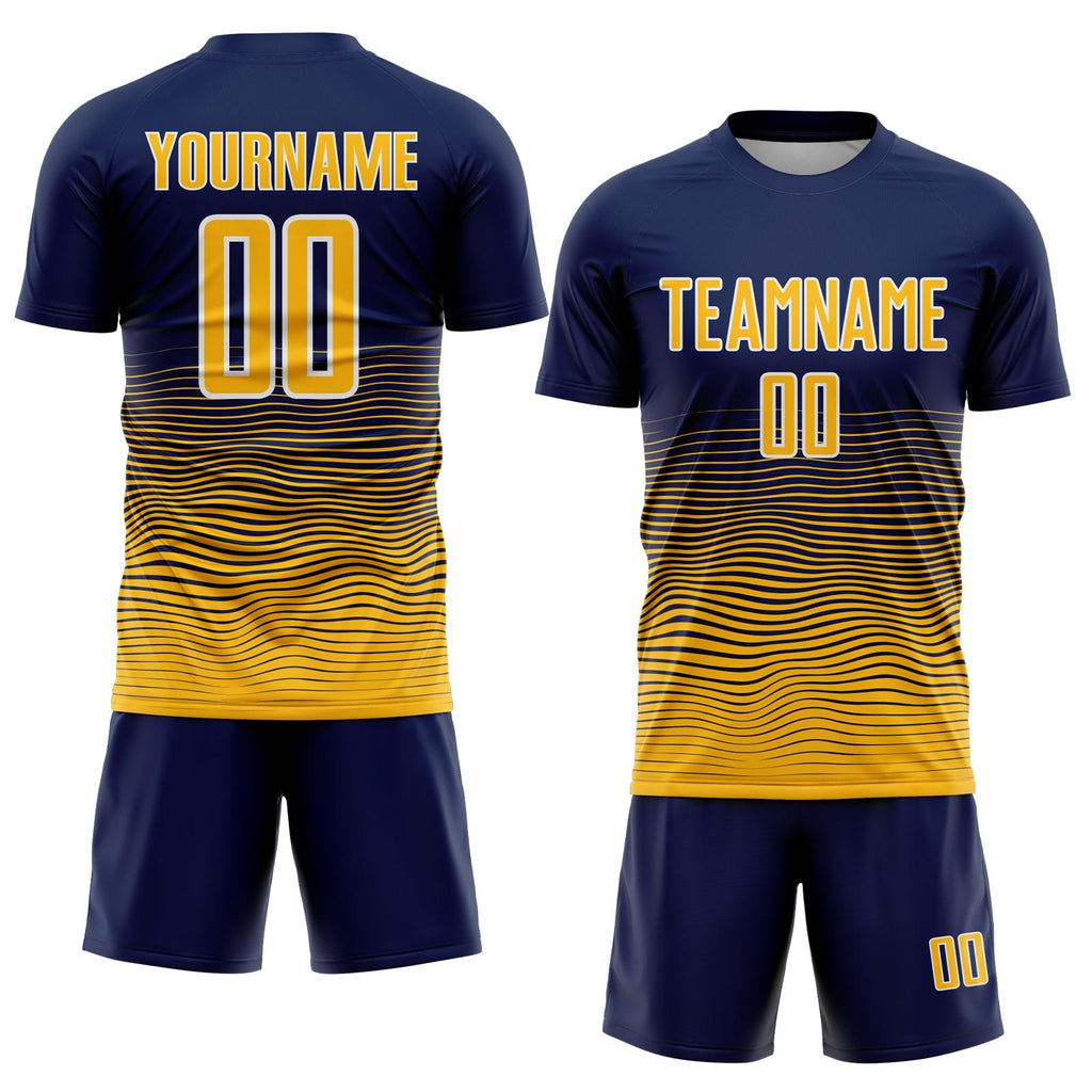 Custom Navy Gold-White Gradient Wave Line Sports Sublimation Soccer Uniform Jersey photo 2
