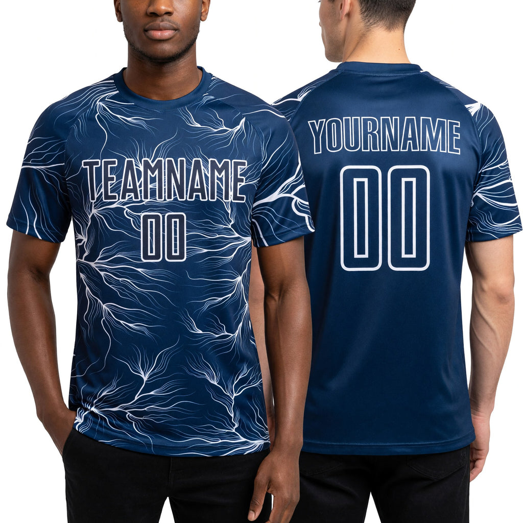 Custom Navy White Lightning Electric Veins Sublimation Soccer Uniform Jersey worn front and back