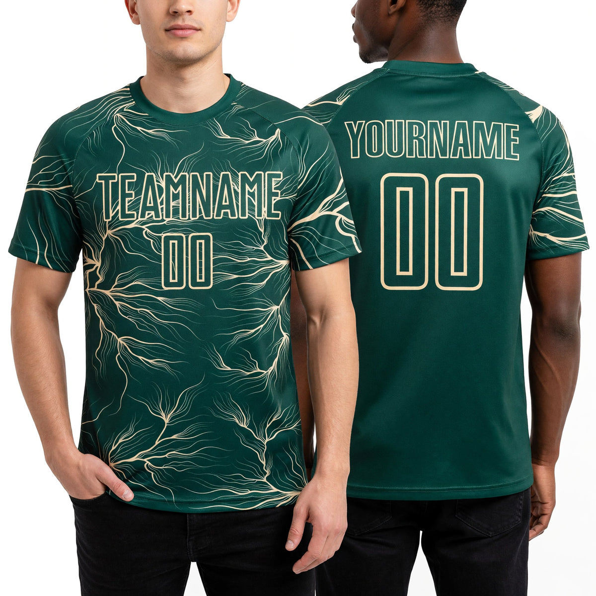 Custom Green Cream Lightning Electric Veins Sublimation Soccer Uniform Jersey worn front and back