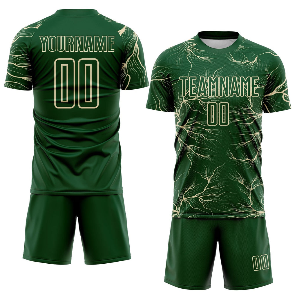 Custom Green Cream Lightning Electric Veins Sublimation Soccer Uniform Jersey photo 2
