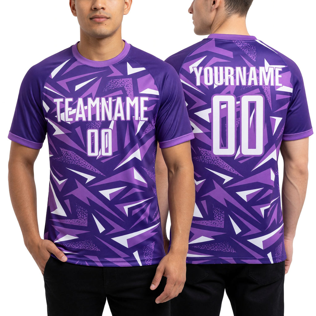 Custom Purple White-Medium Purple Cyber Mecha E-sport Geometric Shards Spike Sublimation Soccer Uniform Jersey worn front and back
