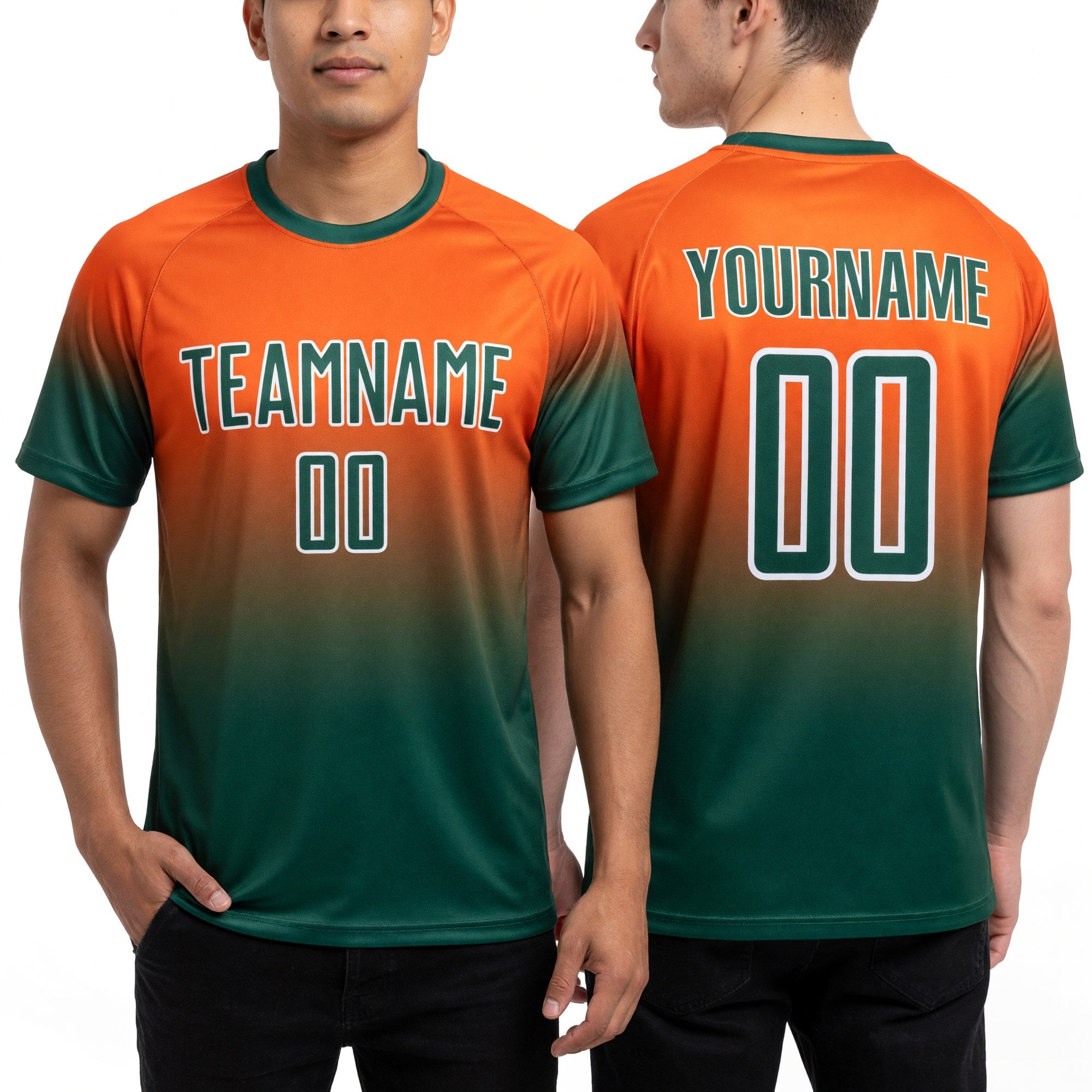 Custom Orange Green-White Fade Fashion Sublimation Soccer Uniform Jersey worn front and back