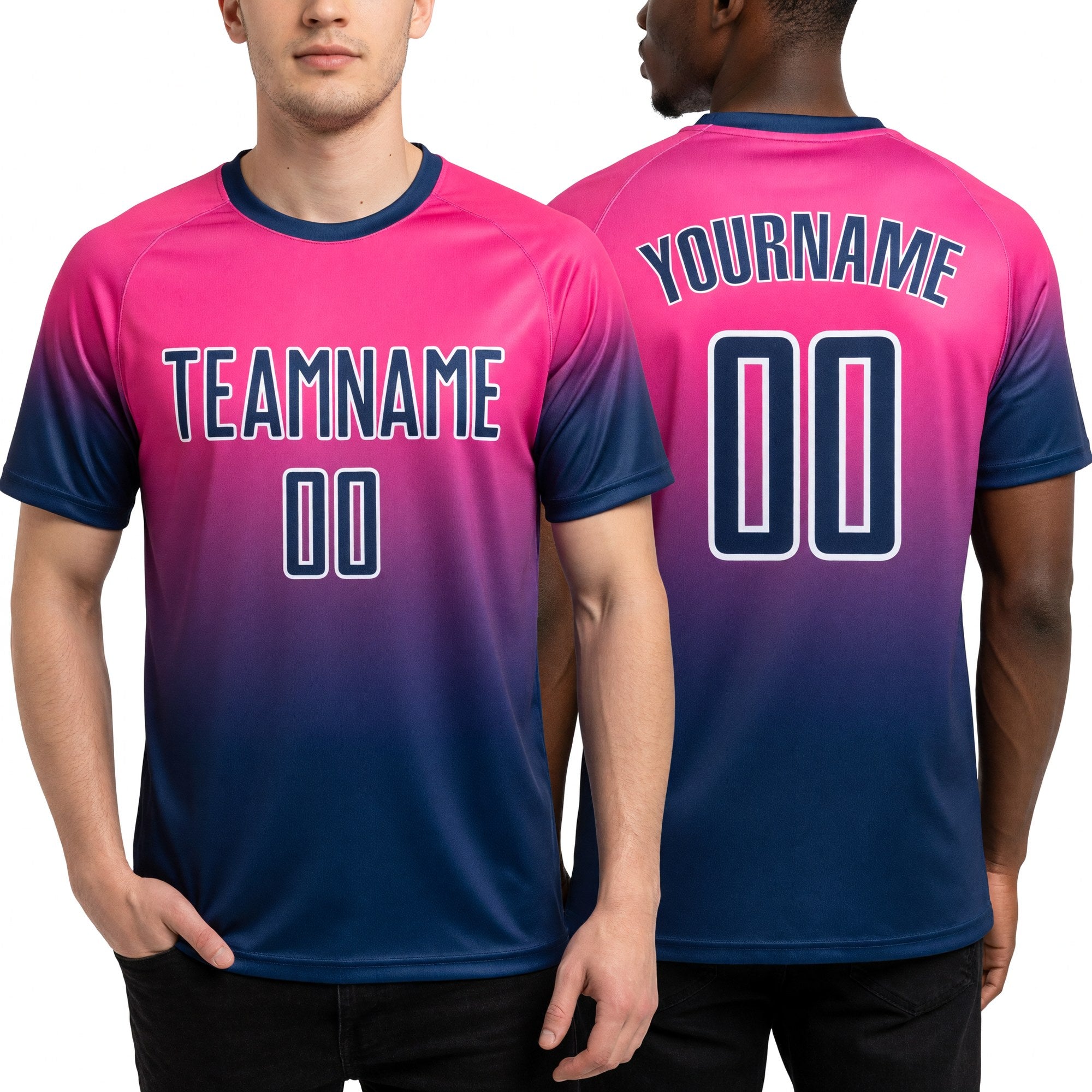 Custom Pink Navy-White Fade Fashion Sublimation Soccer Uniform Jersey worn front and back