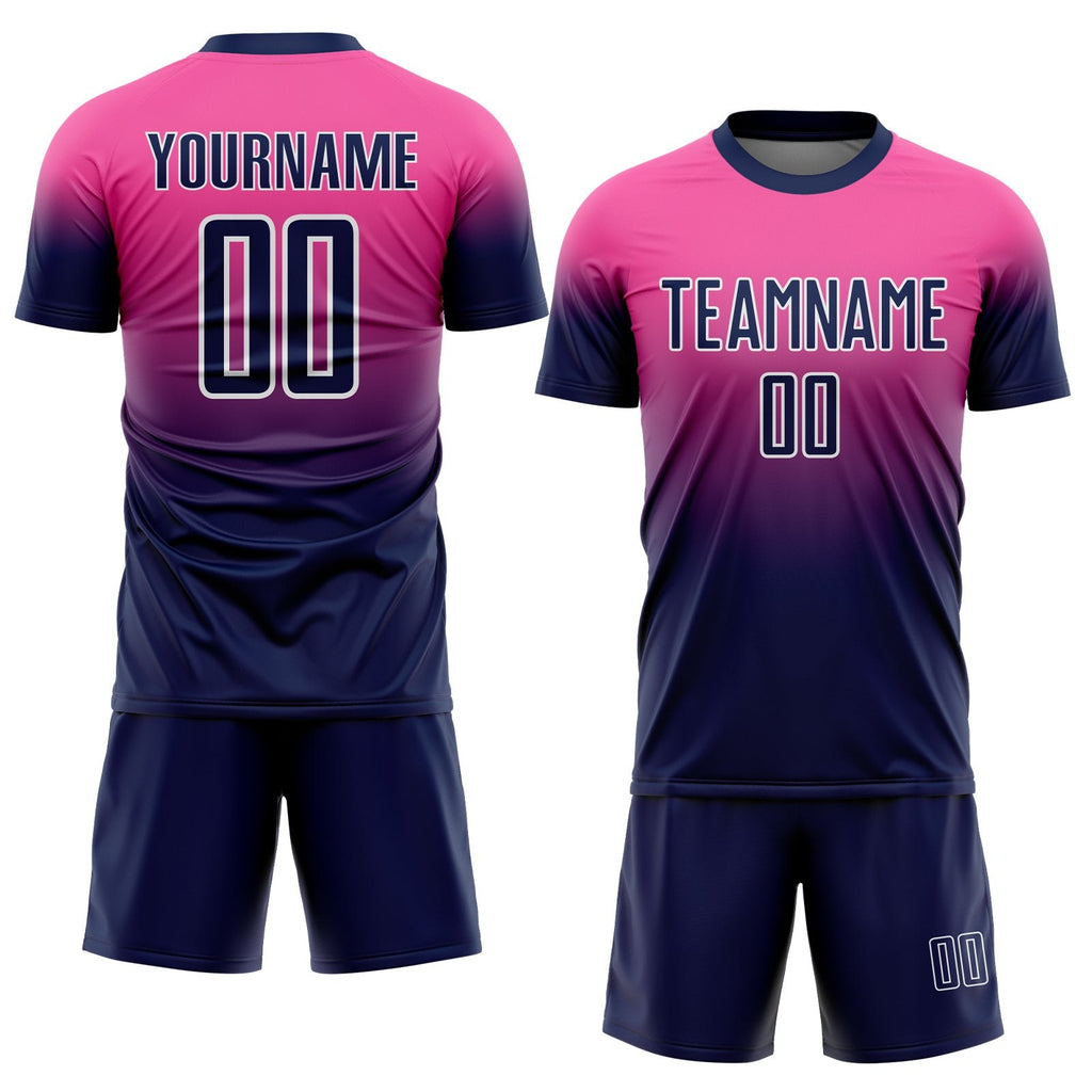 Custom Pink Navy-White Fade Fashion Sublimation Soccer Uniform Jersey photo 2
