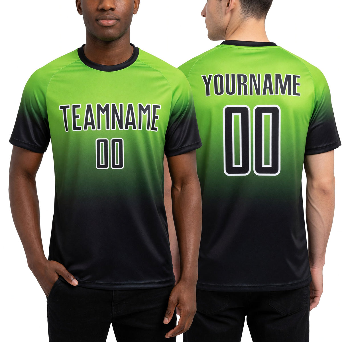 Custom Neon Green Black-White Fade Fashion Sublimation Soccer Uniform Jersey worn front and back