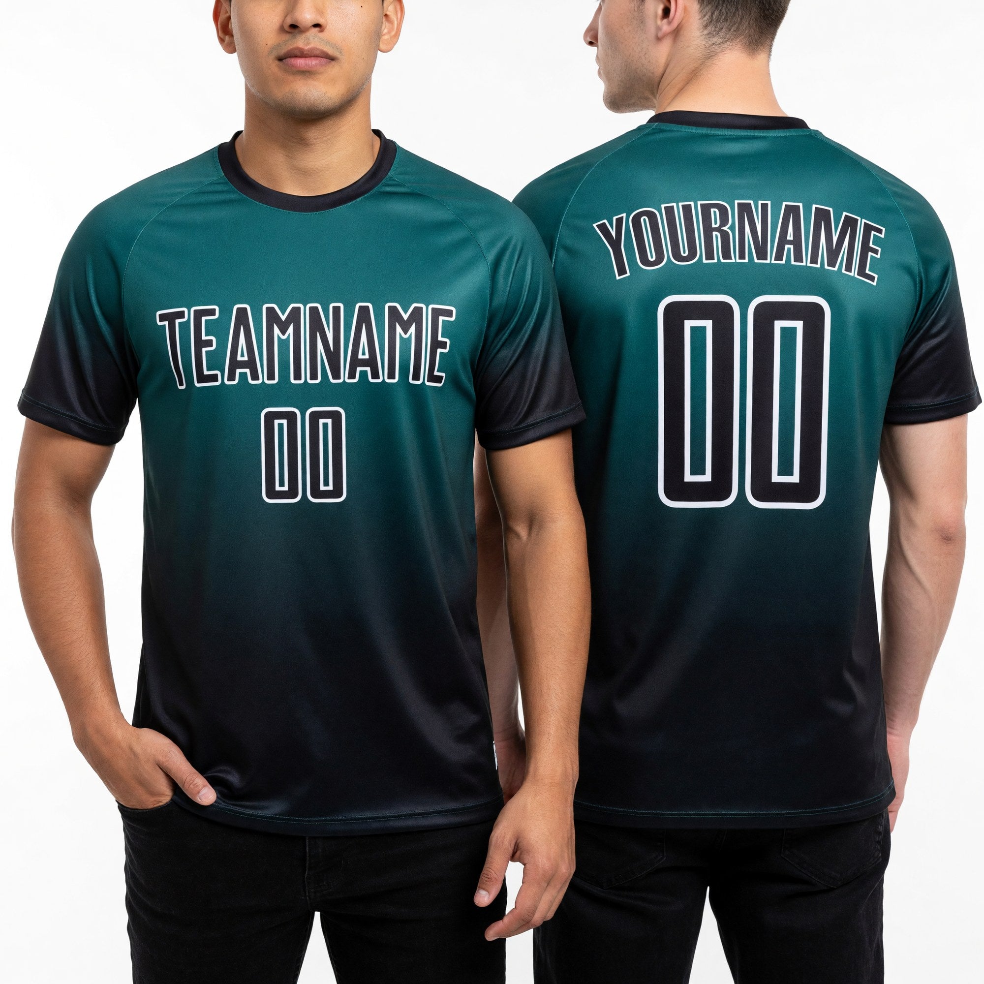 Custom Teal Black-White Fade Fashion Sublimation Soccer Uniform Jersey worn front and back