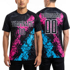 Custom Black White Pink-Sky Blue Dripping Splatter Cracked Texture Sublimation Soccer Uniform Jersey worn front and back