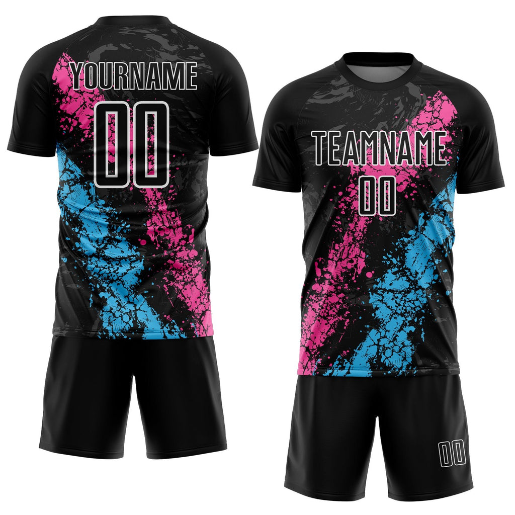 Custom Black White Pink-Sky Blue Dripping Splatter Cracked Texture Sublimation Soccer Uniform Jersey photo 2