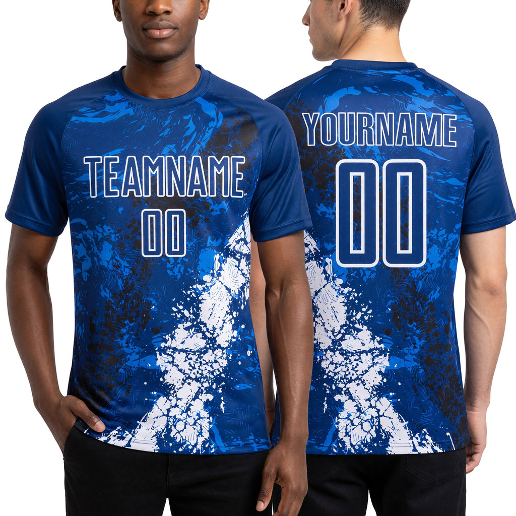 Custom Royal White-Black Dripping Splatter Cracked Texture Sublimation Soccer Uniform Jersey worn front and back