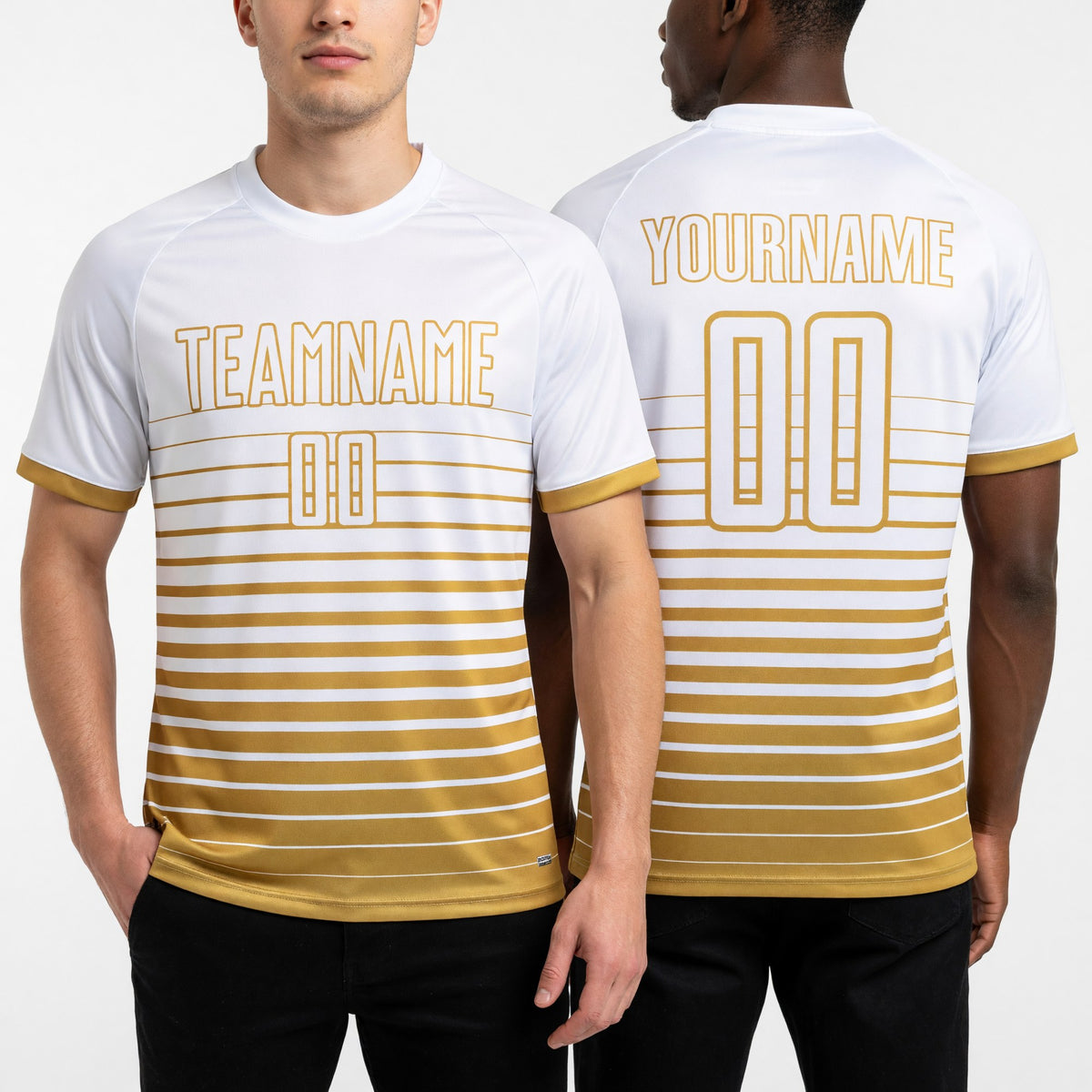 Custom White Old Gold Gradient Pinstripe Sublimation Soccer Uniform Jersey worn front and back