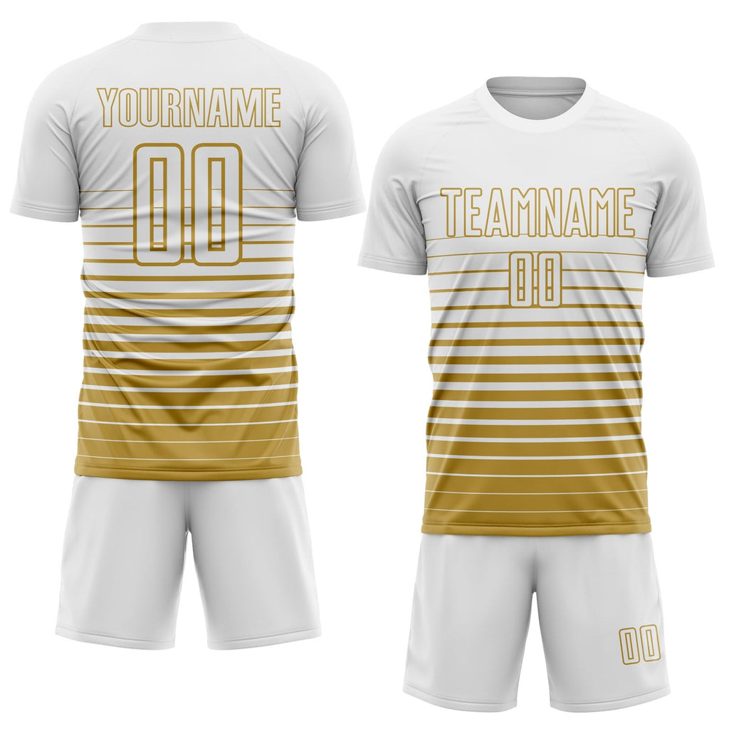 Custom White Old Gold Gradient Pinstripe Sublimation Soccer Uniform Jersey photo 2