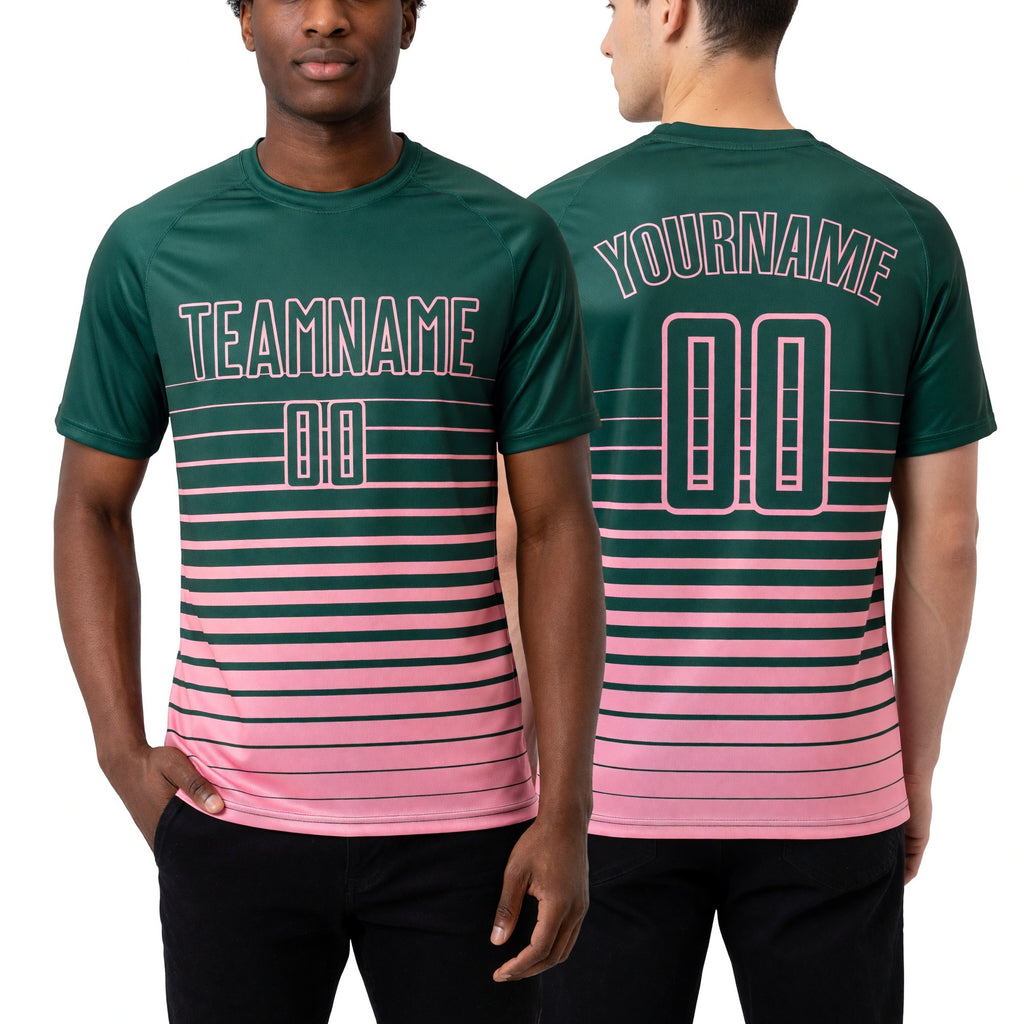 Custom Green Medium Pink Gradient Pinstripe Sublimation Soccer Uniform Jersey worn front and back