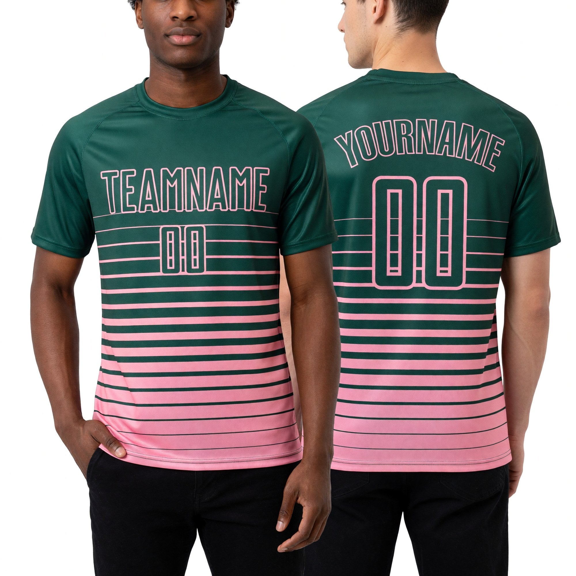 Custom Green Medium Pink Gradient Pinstripe Sublimation Soccer Uniform Jersey worn front and back