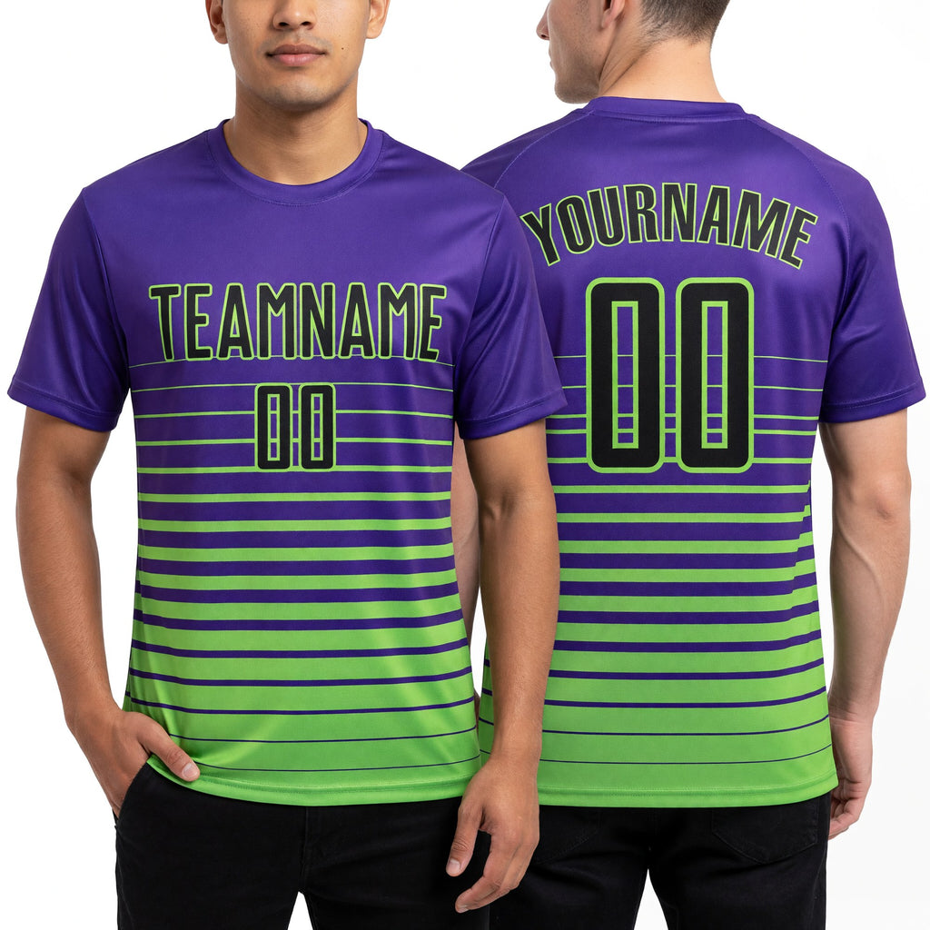 Custom Purple Black-Neon Green Gradient Pinstripe Sublimation Soccer Uniform Jersey worn front and back